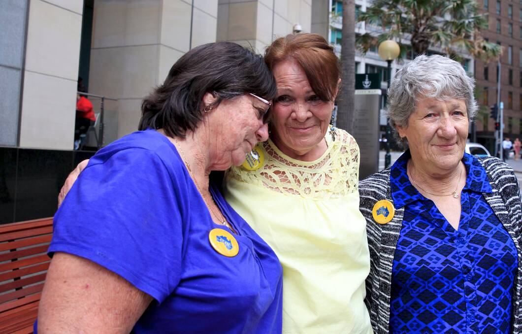 Victims of abuse at Parramatta Girls Training School  and the Insititution for Girls in Hay turn up to protest outside the Royal Commission. (L-R) Margaret, Robin Kitson and Dawn. Photo: Edwina Pickles.