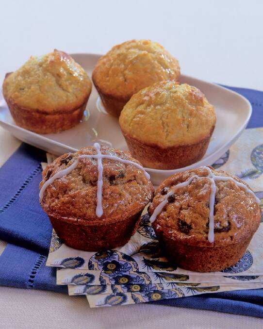 Hot cross muffins <a href="http://www.goodfood.com.au/good-food/cook/recipe/hot-cross-muffins-20131101-2woag.html?aggregate=513278"><b>(recipe here).</b></a> Photo: Supplied