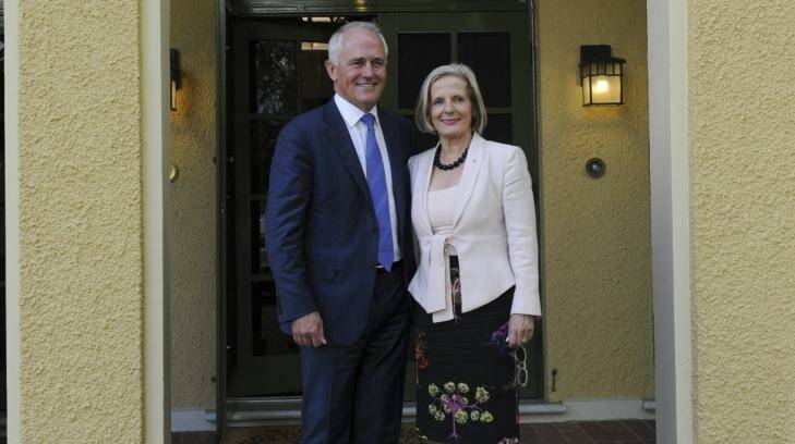 Prime Minister Malcolm Turnbull and his wife Lucy at the Prime Minister's Lodge. Photo: Graham Tidy