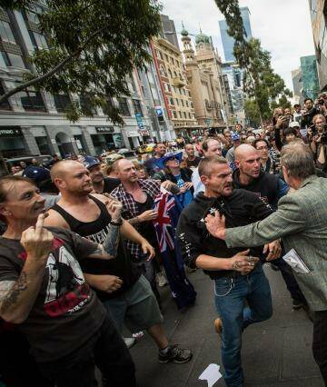 Reclaim Australia protesters clash with left-wing activists in Melbourne on April 4. Photo: Chris Hopkins