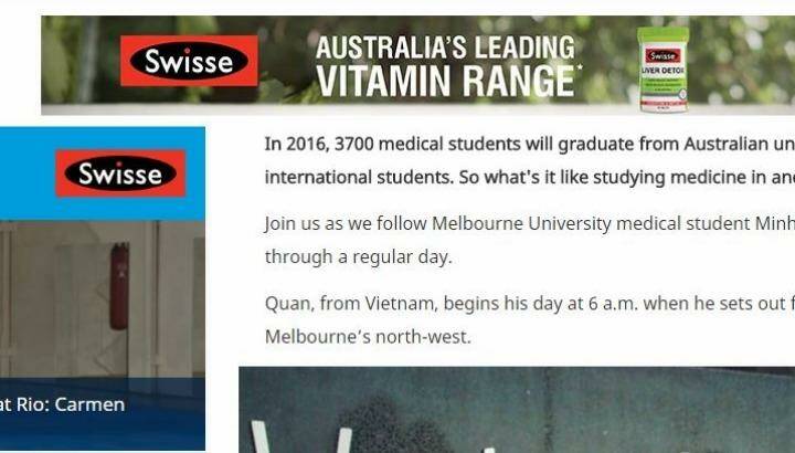Swisse ads alongside a story featuring student life at Melbourne University.