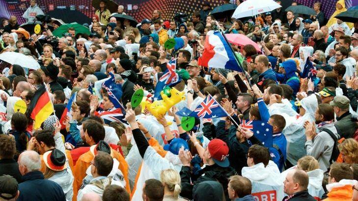Aussie fans join the crowd at the Eurovillage in Vienna to see Guy Sebastian perform. Photo: SBS