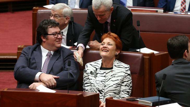 George Christensen and Pauline Hanson in Parliament. Photo: Andrew Meares