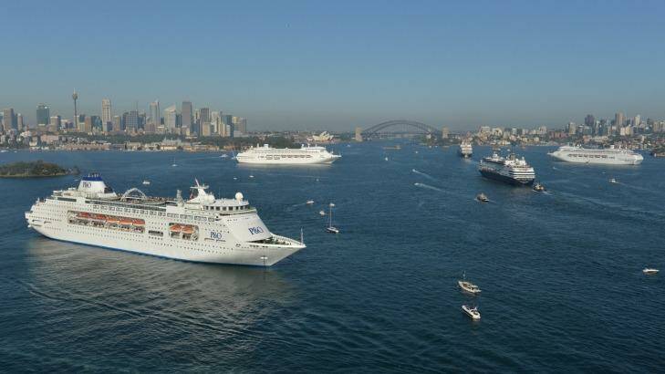 Cruise line P&O Cruises has made history in Sydney staging an unprecedented five-ship spectacular to celebrate the arrival of its two latest cruise ships. Photo:  James Morgan 