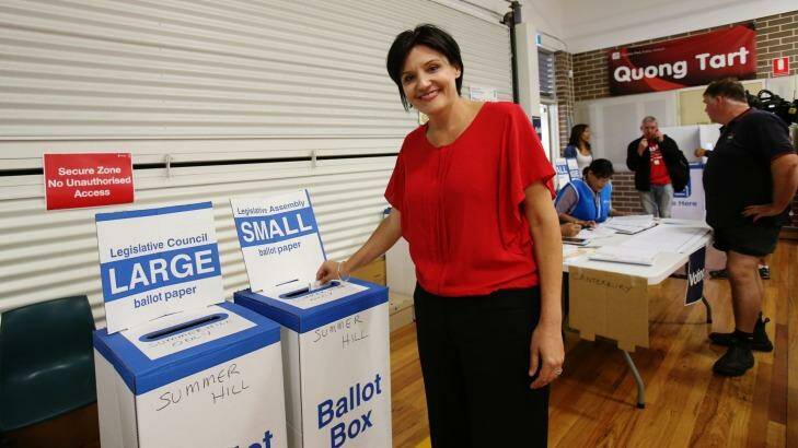 Jodi McKay, Labor's Strathfield  candidate in the NSW state election, voted at Croydon Park public school.  Photo: Louise Kennerley