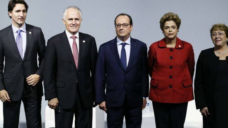 Canadian Prime Minister Justin Trudeau, Australian Prime Minister Malcolm Turnbull, French President Francois Hollande, Brazilian President Dilma Roussef and Chilean President Michelle Bachelet at the Paris summit.