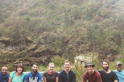 Liam Buxton (third from the right) and his trekking party before the earthquake. Photo: Supplied