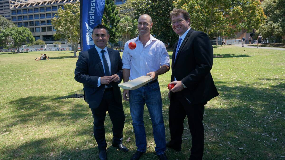 Member for Monaro John Barilaro, Australian cricket legend Michael Bevan and Deputy Premier and Minister for Tourism and Major Events Troy Grant.  