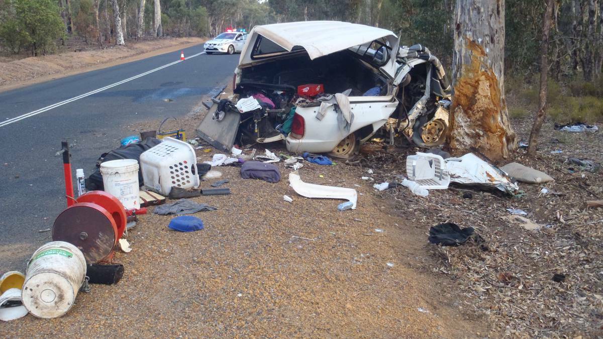 COLLIE: A 20-year-old Mandurah man died in a horrific crash near Collie on Thursday. The quick-thinking passerby pulled the unconscious 22-year-old passenger from the flaming wreckage and extinguished the fire. Picture: Bunbury Mail