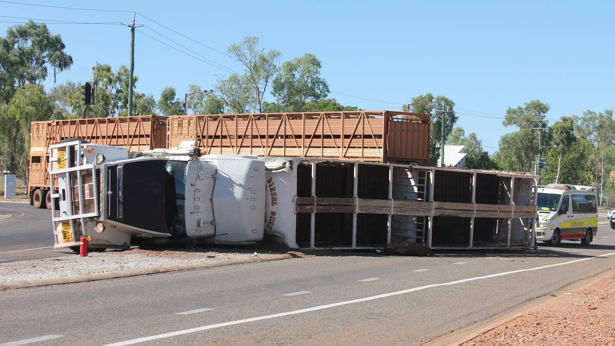 MT ISA: A three-trailer road train transporting cattle rolled on the Barkly Highway on Thursday morning. Picture: North West Star