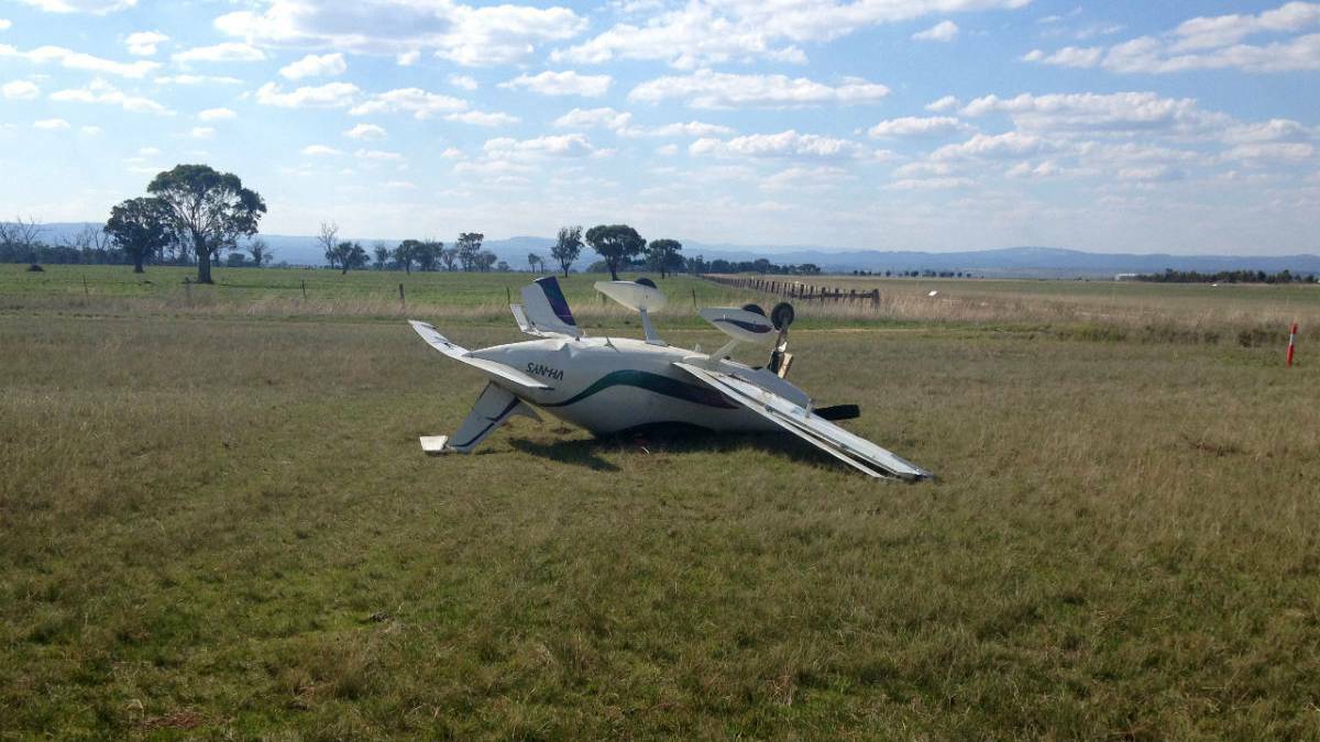 BACCHUS MARSH: A husband and wife escaped unscathed after their hand-built plane flipped on the runway while trying to land at Bacchus Marsh on Thursday. Picture: Dale Salathiel/Ballarat Courier