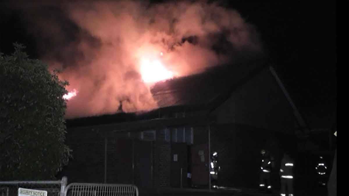 GOULBURN: Fire crews from Goulburn, Crookwell and Sydney combined to fight a fire in the hall at Goulburn West Public School on Wednesday night. Photo: Andrew Micallef, Wide Area Communications.