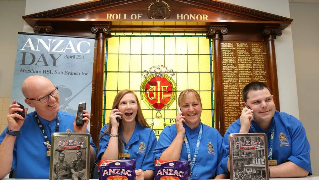 HORSHAM: Horsham RSL staff Noel Whiteside, Emily Wall, Nicole Drendel and Kyle Hobbs prepare to sell a minute of silence over the phone for Anzac Day. Picture: Thea Petrass/Wimmera Mail Times