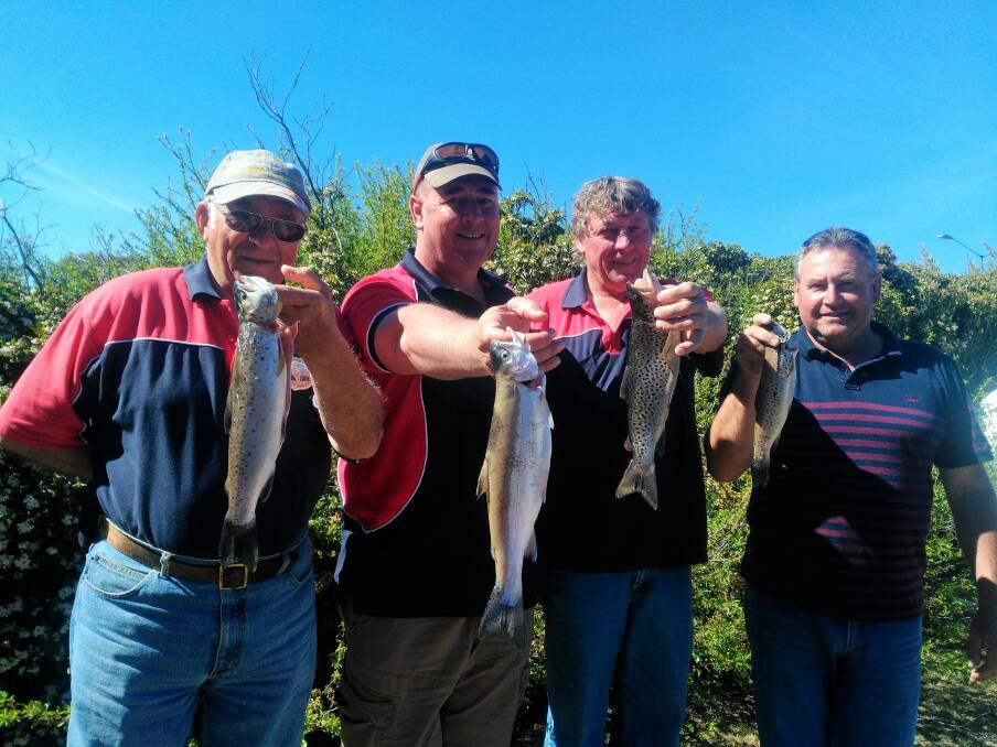 A CATCH A DAY: Ian Faviell, Brad Hewitt, Bruce Stuart and Dave Goodwin display their catches from the weekend's fishing in the Snowy Mountains. Photo: supplied.