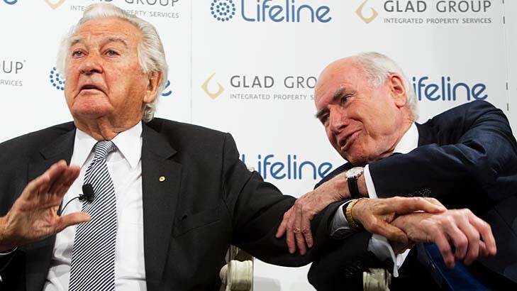 Familiar foes: Former Australian prime ministers Bob Hawke and John Howard at a Lifeline Fundraiser at the Westin Hotel.