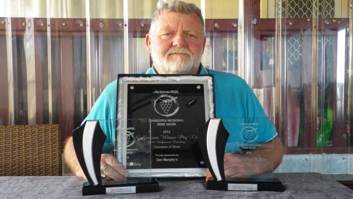 Half Moon Vineyard Manager Mal Sharpe with the Trophies.