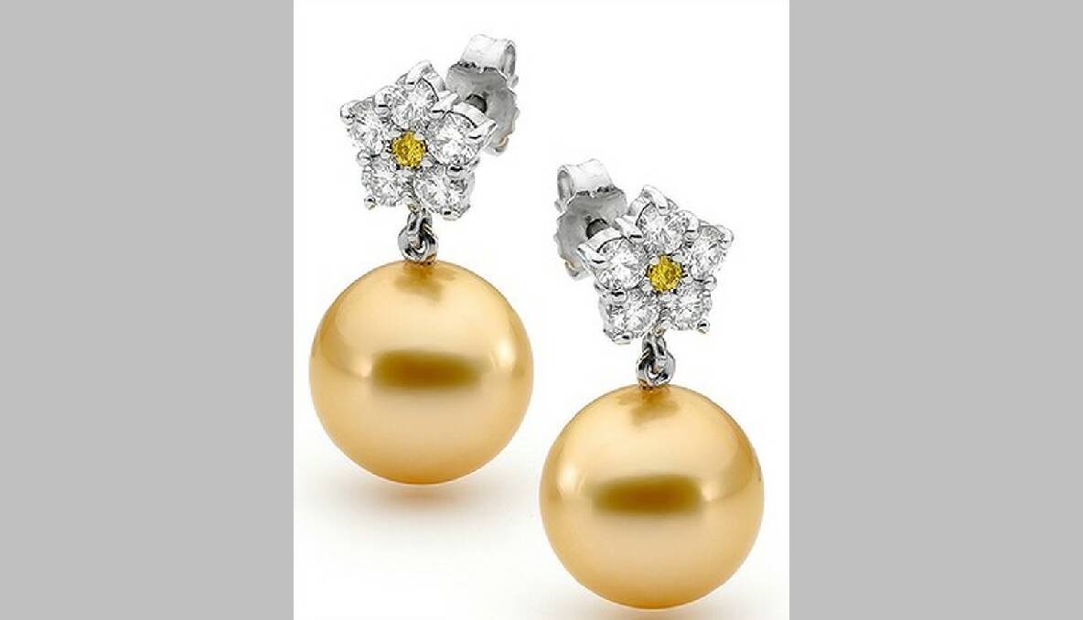Linneys 18ct yellow gold and diamond South Sea gold pearl earrings $7,500.