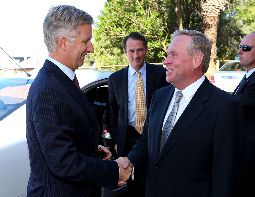 HRH Prince Philippe of Belgium is greeted by the Premier of Western Australia Colin Barnett at the Office of the Premier in Perth, Australia. Photo by Paul Kane/Getty Images