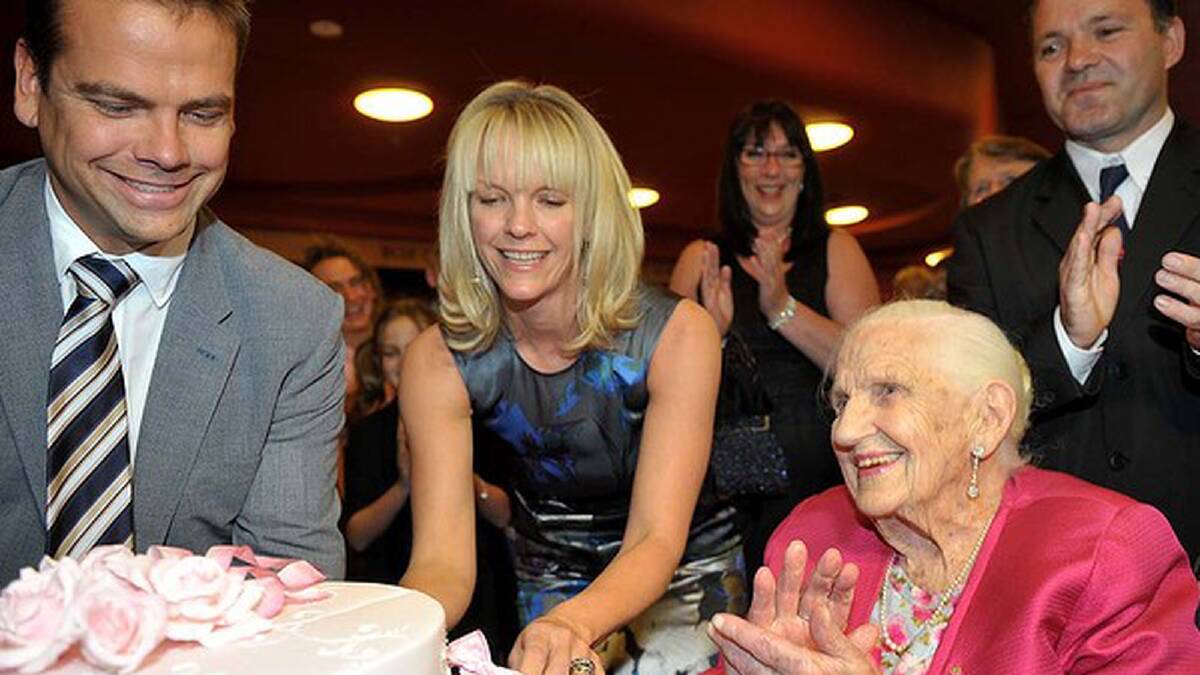 Dame Elisabeth Murdoch with her grandson Lachlan and granddaughter Elizabeth at her 103rd birthday celebrations at The Melbourne Recital Centre on February 8, 2012. Photo: Pat Scala