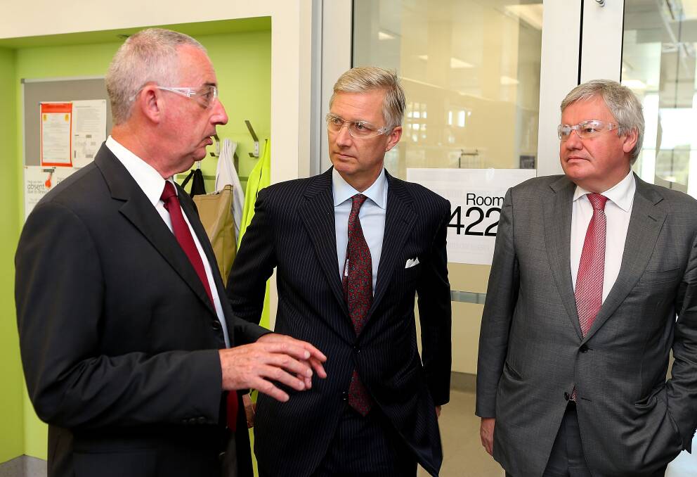 Mark Woofenden talks with HRH Prince Philippe of Belgium and HE Jean-Claude Marcourt in the Chemistry and Resources facility at Curtin University in Perth, Australia. Photo by Paul Kane/Getty Images