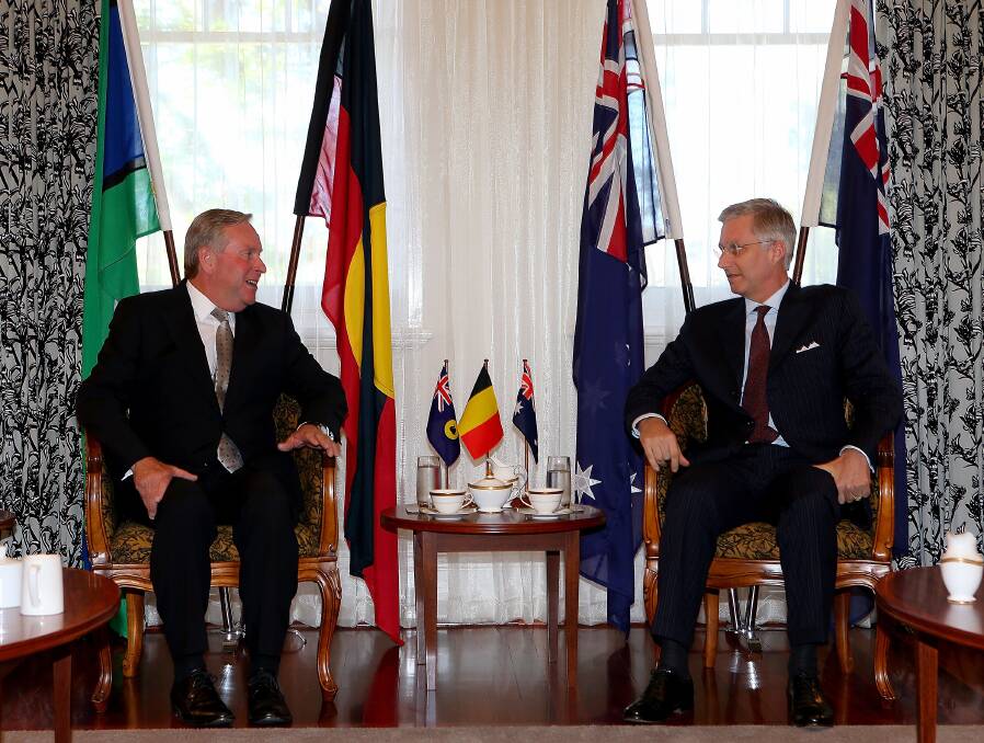 The Premier of Western Australia Colin Barnett and HRH Prince Philippe of Belgium pose for a photo ahead of a meeting at the Office of the Premier in Perth, Australia. Photo by Paul Kane/Getty Images
