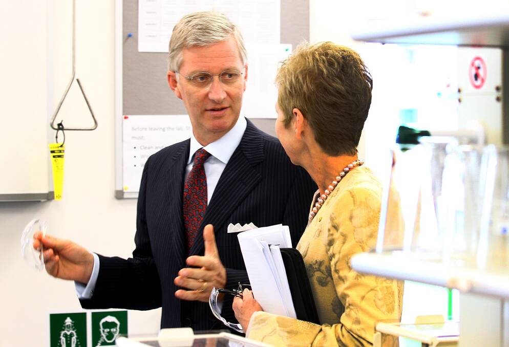 HRH Prince Philippe of Belgium tours the Chemistry and Resources facility with Professor Jeanette Hacket at Curtin University in Perth, Australia. Photo by Paul Kane/Getty Images