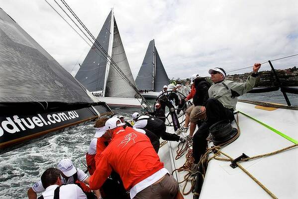 The crew of Lahana after the start of the 2012 SOLAS Big Boat Day on Sydney Harbour. Photo: Dallas Kilponen