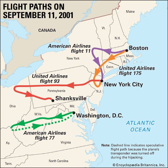 The routes of the four US planes hijacked during the terrorist attacks of September 11, 2001. Map: Encyclopdia Britannica