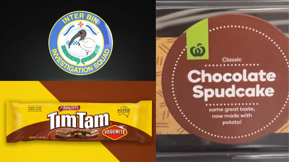 NSW Police's new IBIS take force (top left), Vegemite flavoured TimTams (bottom left) and Woolworth's 'spudcake' were some of the gags on April Fools Day 2022. Photos: NSW Police, Arnott's and Woolworths. 