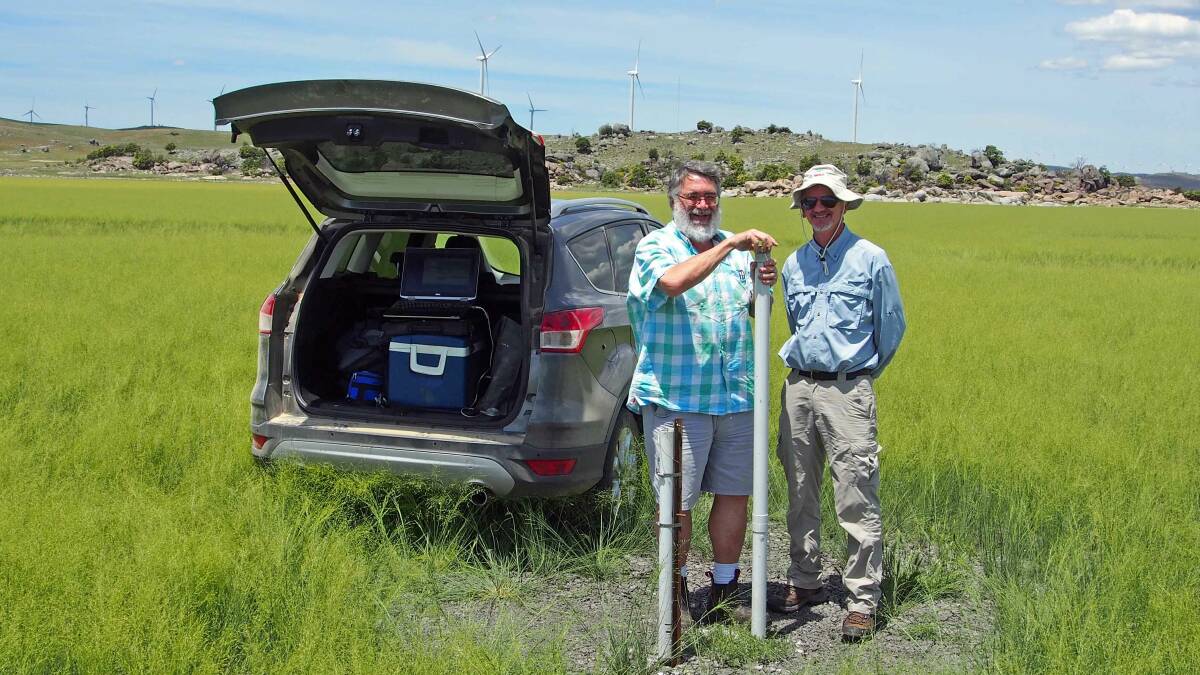 ANU researchers Dr Bear McPhail and Dr Bradley Opdyke at the water level recording site on the floor of the lake, when the lake was completely dry in 2015. Picture by Brad Pillans