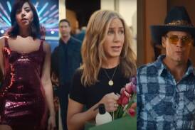 Aubrey Plaza, David Schwimmer, Jennifer Aniston and Tom Brady in Super Bowl 2024 ads. Picture Mountain Dew, UberEats, BetMGM