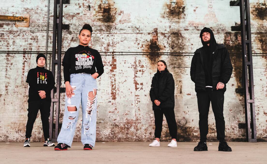 STRONG MESSAGE: Aboriginal recording artists Mi-kaisha and Nooky (front), pictured with video clip dancers Maddie Paluch and Chandler Connell, collaborated to write the song, 'One Point 5', encouraging young people to keep their communities safe from COVID-19. Photo: Jake Keane