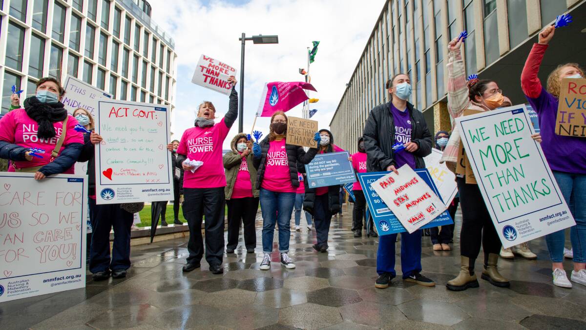 Nurses rallied outside the ACT Legislative Assembly on Wednesday morning. Picture: Elesa Kurtz 