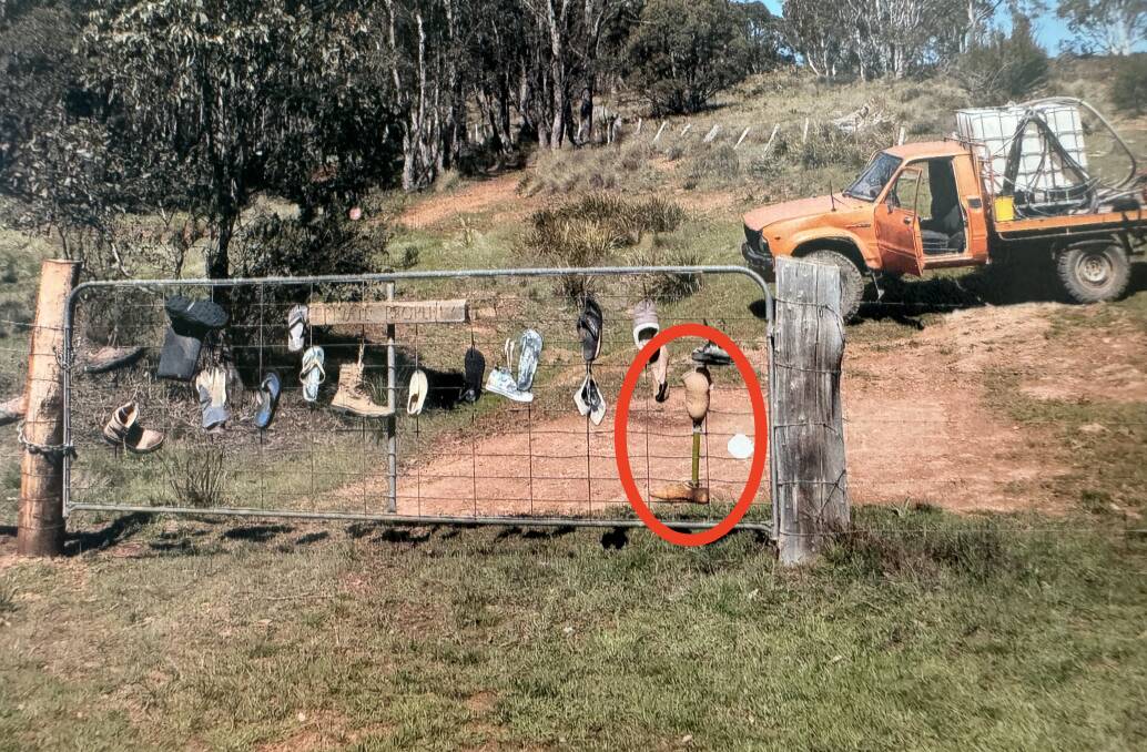A prosthetic leg - one of the more unusual additions to appear (and later disappear) at the Bobeyan Boot Gate. Picture by Mark Watson 