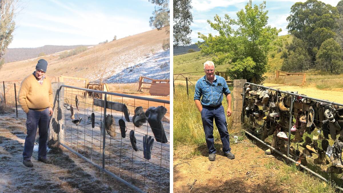 Mark Watson at Bobeyan Boot Gate a few weeks after its inception in 2014, and in the same spot 10 years later. Pictures Mark Watson/Tim the Yowie Man
