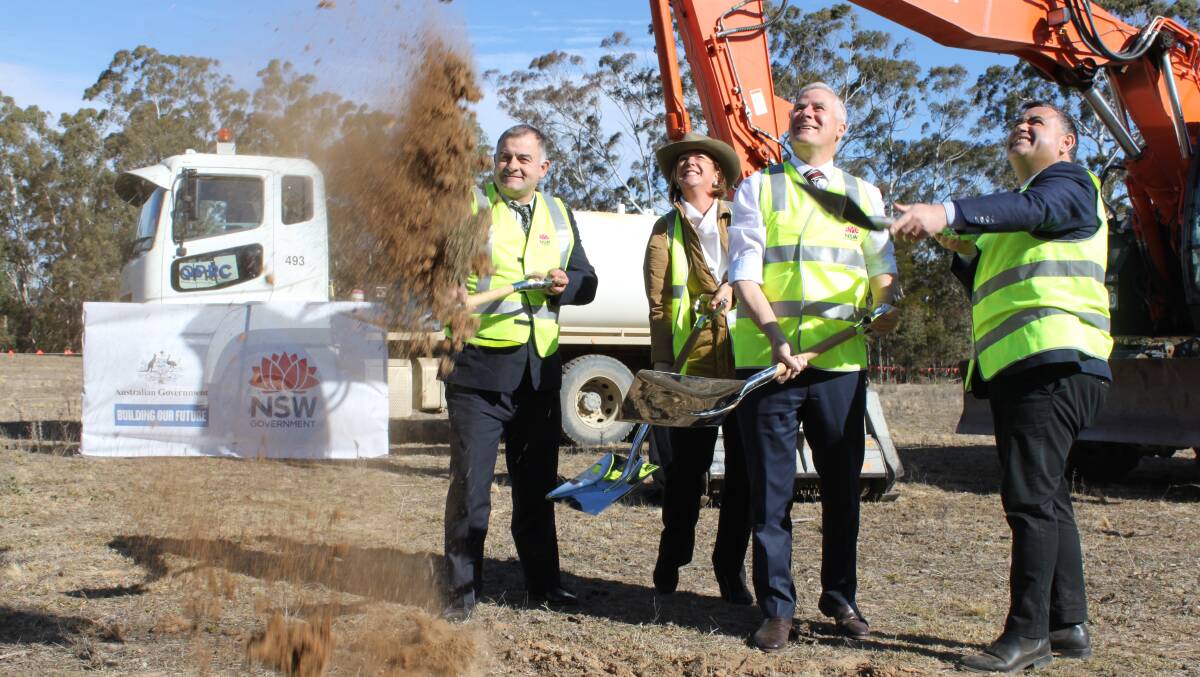 (From left) Deputy Mayor Trevor Hicks, NSW Minister for Roads, Maritime and Frieght, Melinda Pavey, Deputy Prime Minister Michael McCormack and Deputy Premier and Member for Monaro, John Barilaro, turning the first sod for the new Charleyong Bridge. PHOTO: Robin Tennant-Wood