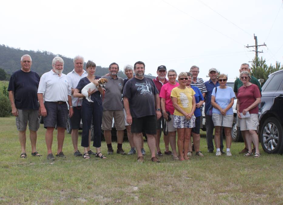 Some of the group with Deua Tin Huts owners, Andrew and Clare (with Specky) Kaveunenko (3rd and 4th from left)