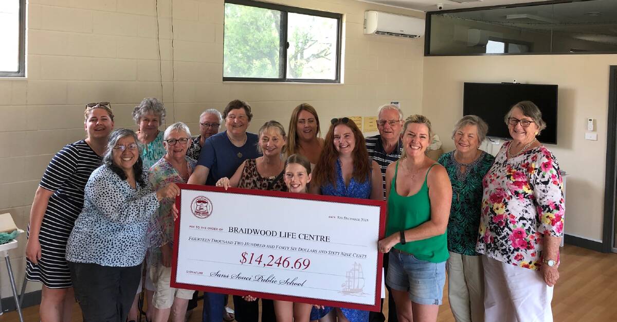 The Sans Souci Public School representatives, with members of the Braidwood Life Centre and Braidwood CWA, who received the donation with gratitude.