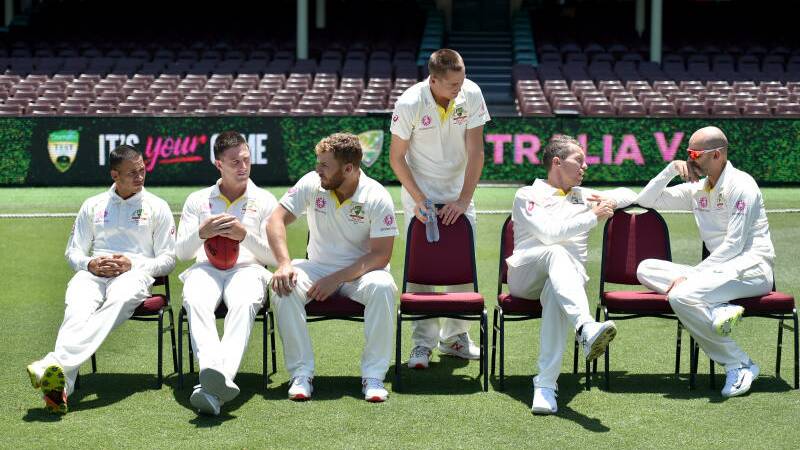 Australia's cricket players Usman Khawaja, Shaun Marsh, Aaron Finch, Marnus Labuschagne, Peter Siddle and Nathan Lyon before a training session at the Sydney Cricket Ground on Wednesday.
