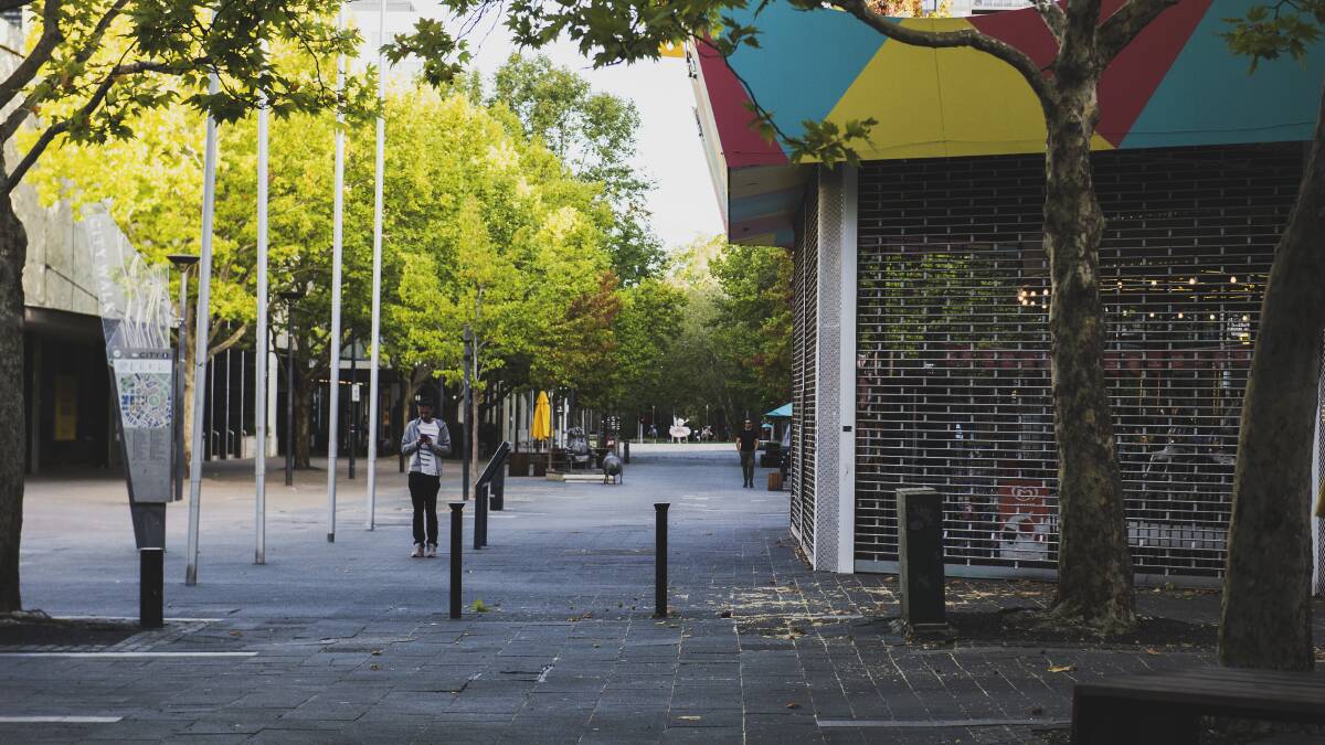 The mostly empty Garema Place in Canberra. Seven in 10 businesses have seen a fall in revenue due to coronavirus restrictions, the Australian Bureau of Statistics says. Picture: Dion Georgopoulos