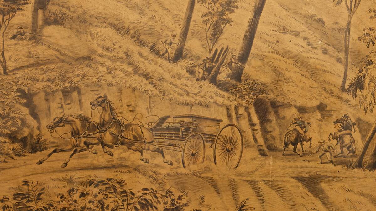 Close up detail of George Lacy’s watercolour showing the four bushrangers firing on the Escort.