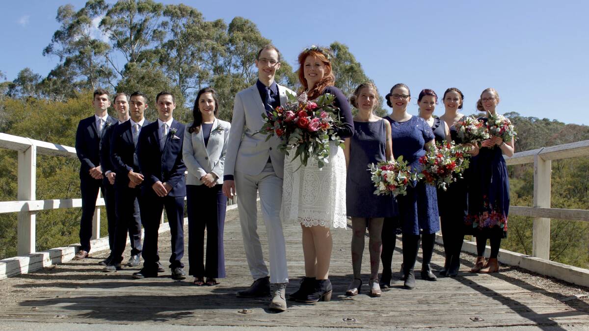 The bridal party at Mongarlowe River Bridge. Breaking with the 'don't see each other before the wedding' tradition the entire bridal party spent the morning getting ready together at Tombarra in Mongarlowe.