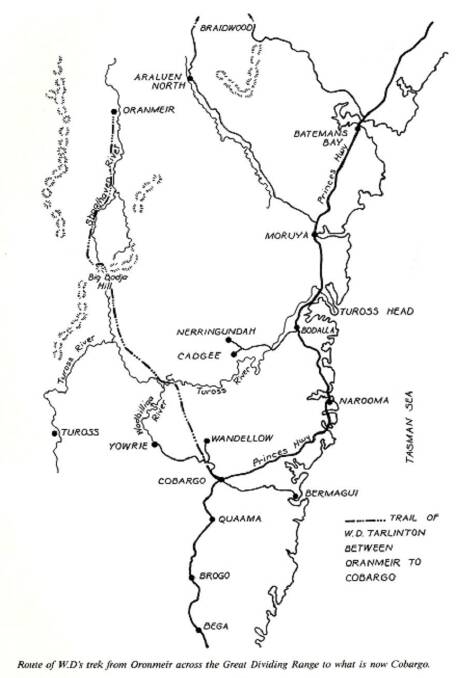 HISTORY'S TRAIL: Route of Tarlintons trek from Oranmeir to Cobargo. Map: Tarlintons in Australia.