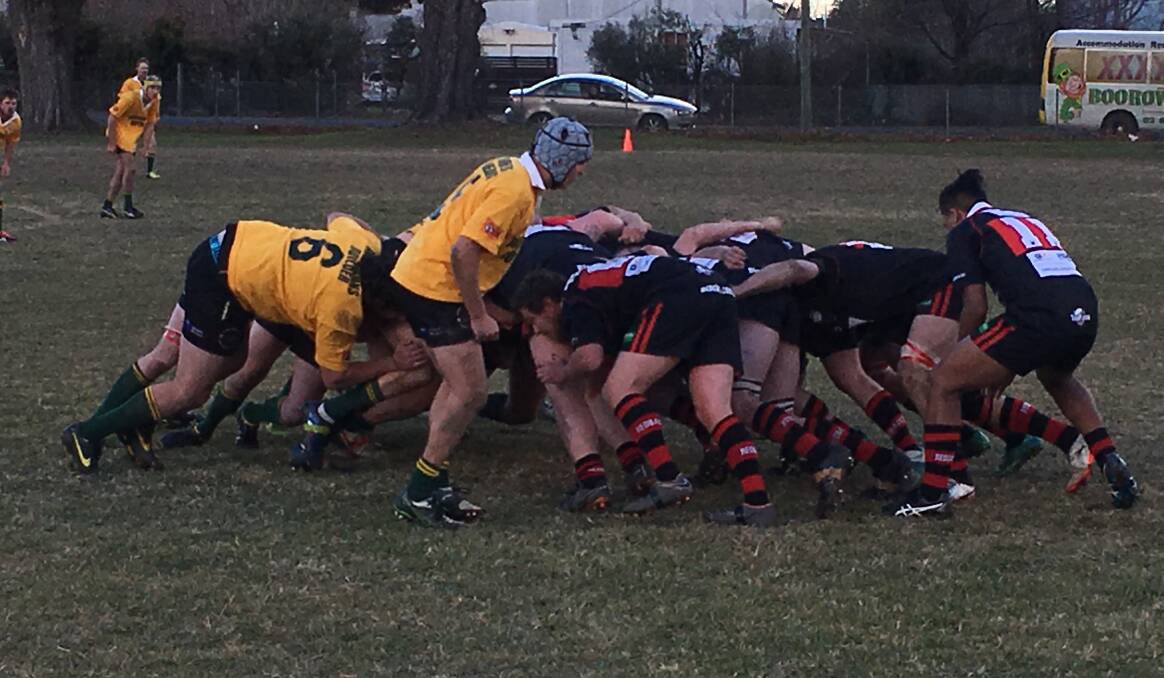 Push hard: The Redbacks fought hard in the scrum all day, but couldn't fend off Boorowa's strong attack. Photo: Supplied. 