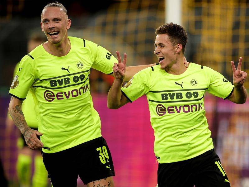 Borussia Dortmund's Thorgan Hazard celebrates his second goal of the game against Ingolstadt.
