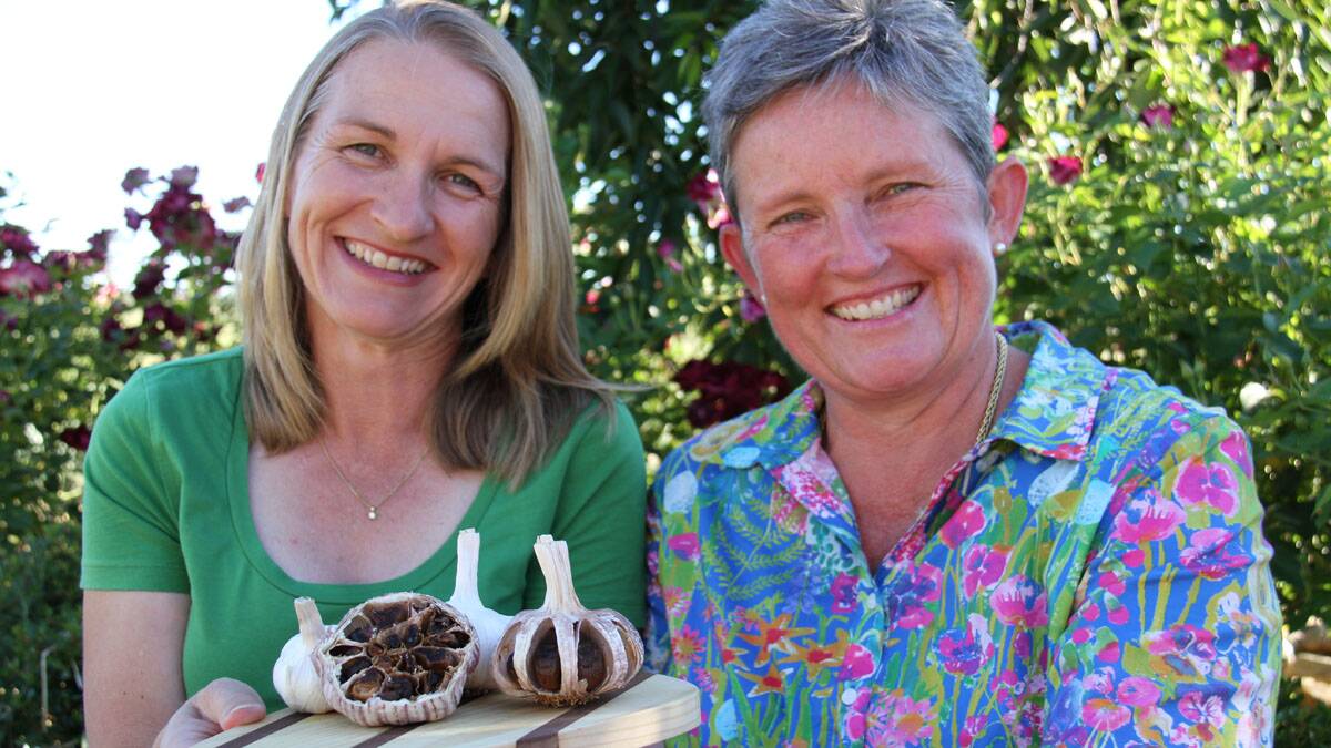 Garlic Growers Jenny Daniher and Cathy Owen with their gourmet Black Garlic.  