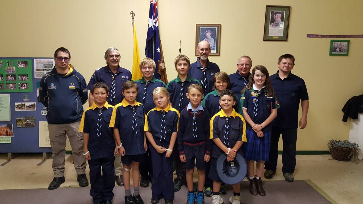 l-r back David Bolin, Laurie Joyce (Group Leader), Malcolm Campbell (Scout Leader), Wayne Cram and Laszlo Schuster (Leaders in training). Scouts Liam Riches, Toby Bouro, Joshua Schuster and Charlie Campbell. Cub Scouts Tyler Hart, Harry Williams, Ruby Maher, Theodore Cassidy and Leo Vlasoff.  