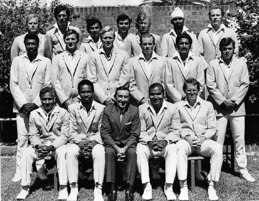 The touring World XI cricket team prior to the Sydney Test match of the Rest of the World XI tour of Australia on 8 January 1972. The match ended in a draw and the Rest of the World XI won the five match series 2-1.
Standing (from left) Bob Cunis (NZ), Zaheer Abbas (Pakistan), Sunil Gavaskar (India), Farokh Engineer (India), Bob Taylor (England), Bishan Bedi (India), Norman Gifford (England). Centre row - Clive Lloyd (West Indies), Richard Hutton (England), Tony Greig (South Africa), Peter Pollock (South Africa), Asif Masood (Pakistan), Hylton Ackerman (South Africa). Sitting - Rohan Kanhai (West Indies), Garry Sobers (West Indies - Captain), Bill Jacons (Manager), Intikhab Alam (Pakistan - Vice Captain), Graeme Pollock (South Africa).