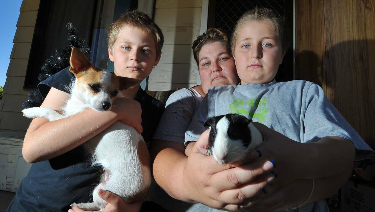 Kym Stevenson sits with her sons, Alex, 10, and Luke, 9, after a disturbing break-and-enter at their home where two of their pets were killed. Luke holds R2-D2, a guinea pig who survived. Picture: Addison Hamilton
