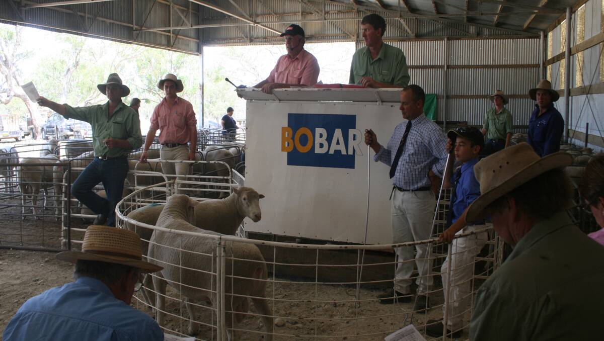 Auctioneer Steve Ridley and Paul Costigan at the Bobar Sale with Jamie and Lachie Ramm.